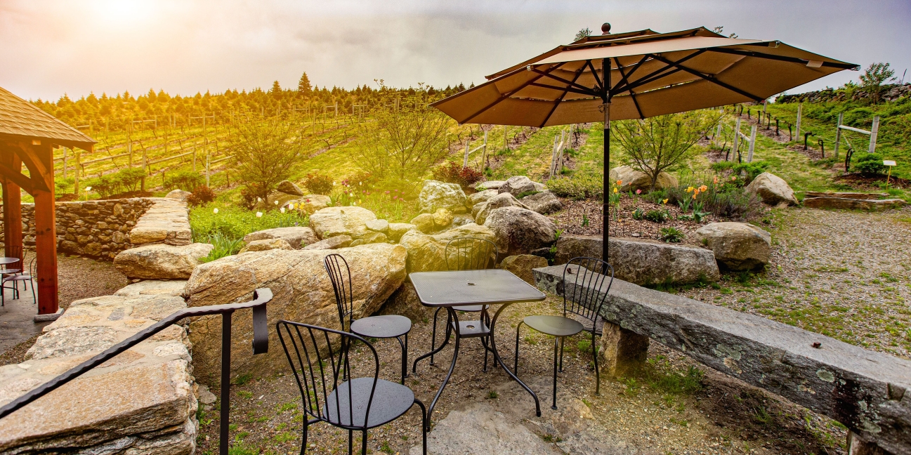 outside winery seating at sunset