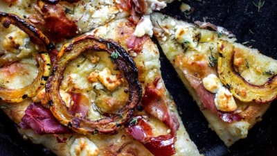 Pizza with Delicata Squash, Caramelized Onions, and Gorgonzola