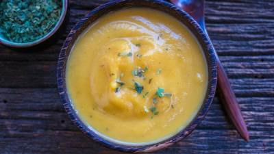 bowl of Roasted Buttercup Squash, Pear, and Ginger Soup