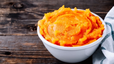 a bowl of Homemade Pumpkin/Squash Puree on the counter