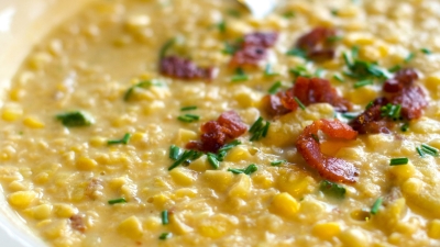 Squash & Corn Bisque in a bowl