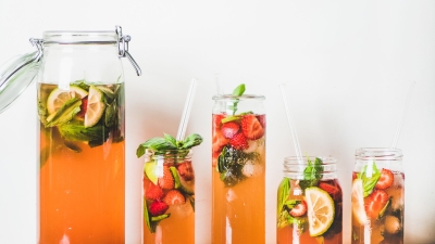 mixed containers of Strawberry Basil Iced Tea