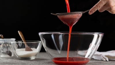 Whole Berry Strawberry Syrup strained into a serving bowl