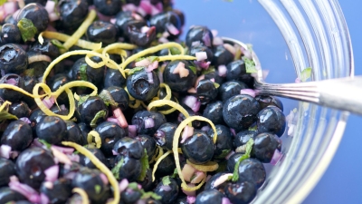 spoon in dish of blueberry salsa