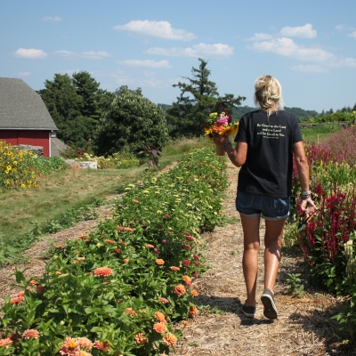 Picking flowers in the field.