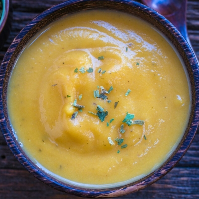 bowl of Roasted Buttercup Squash, Pear, and Ginger Soup