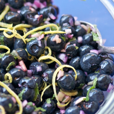 spoon in dish of blueberry salsa